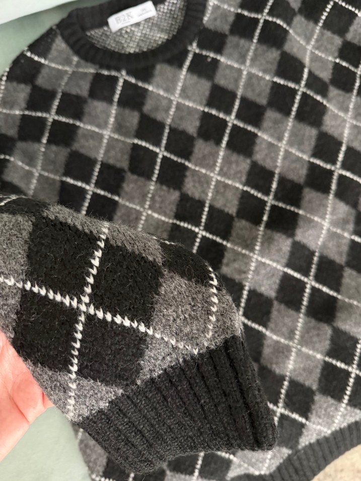 Gri Kareli Örgü Salaş Kazak - Görsel 4