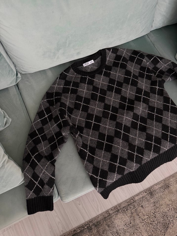 Gri Kareli Örgü Salaş Kazak - Görsel 2