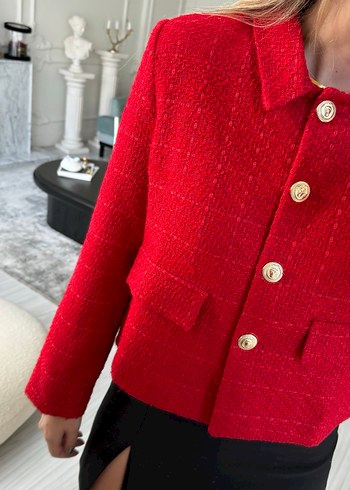 Kırmızı Düğmeli Kadın Mini Blazer Ceket - Görsel 4