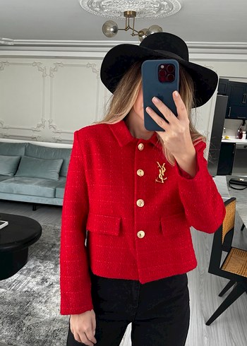 Kırmızı Düğmeli Kadın Mini Blazer Ceket - Görsel 2