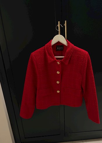 Kırmızı Düğmeli Kadın Mini Blazer Ceket - Görsel 5