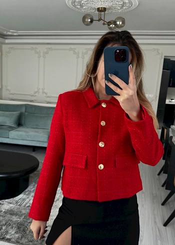 Kırmızı Düğmeli Kadın Mini Blazer Ceket - Görsel 3