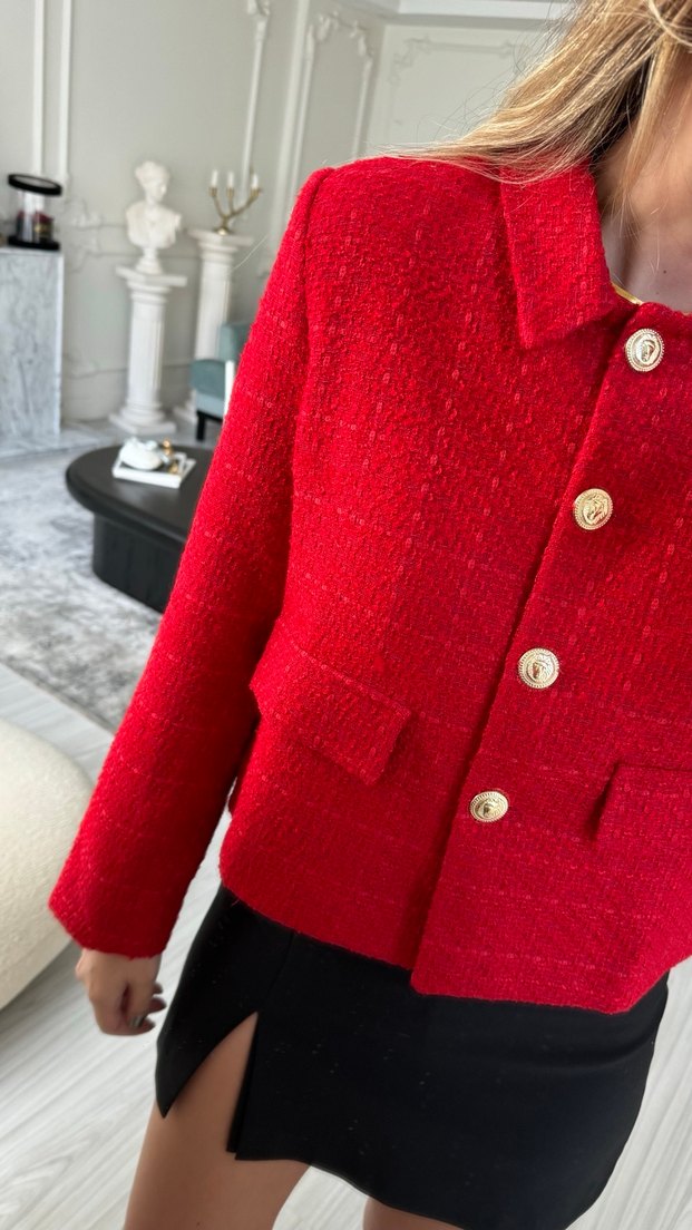 Kırmızı Düğmeli Kadın Mini Blazer Ceket - Görsel 4