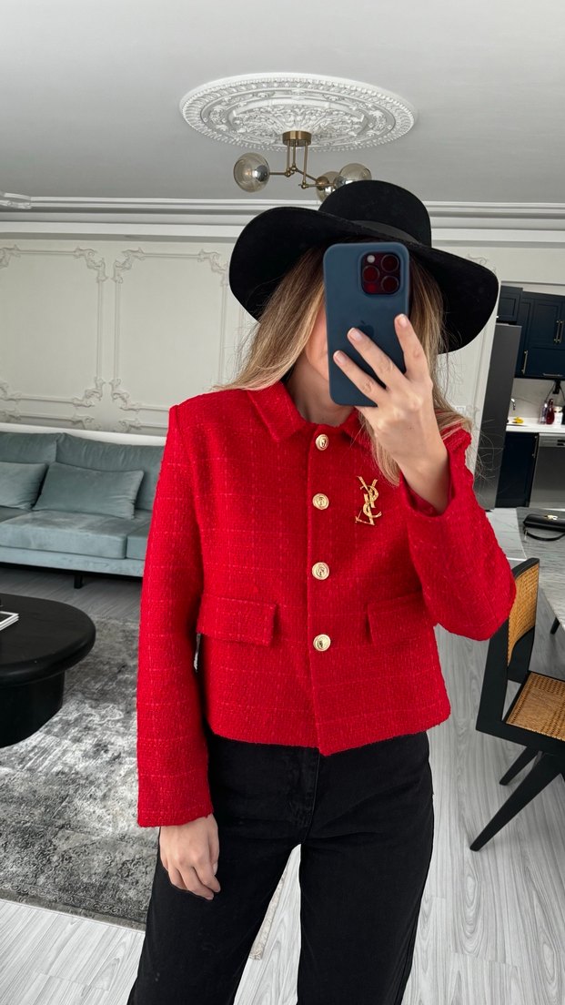 Kırmızı Düğmeli Kadın Mini Blazer Ceket - Görsel 2