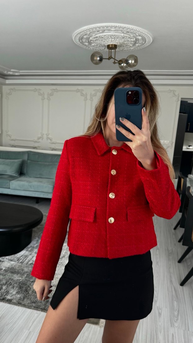 Kırmızı Düğmeli Kadın Mini Blazer Ceket - Görsel 3