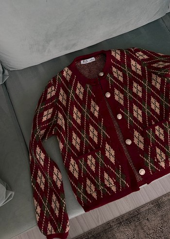 Bordo Kareli Örgü Kadın Hırka - Görsel 4