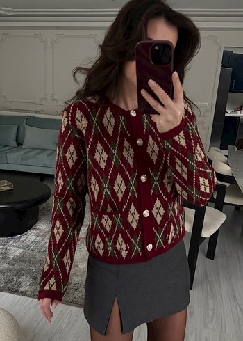 Bordo Kareli Örgü Kadın Hırka - Görsel 3