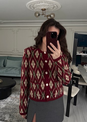 Bordo Kareli Örgü Kadın Hırka - Görsel 2