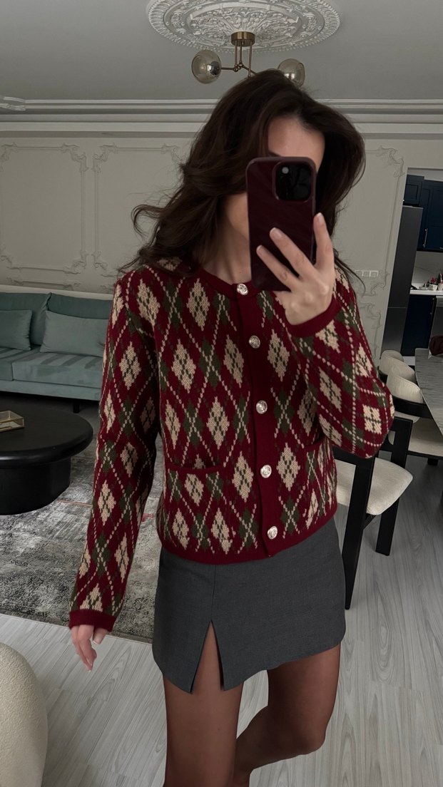 Bordo Kareli Örgü Kadın Hırka - Görsel 3