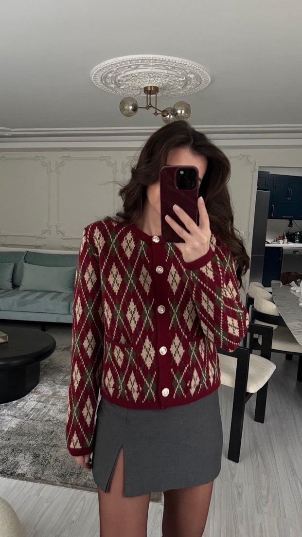 Bordo Kareli Örgü Kadın Hırka - Görsel 2