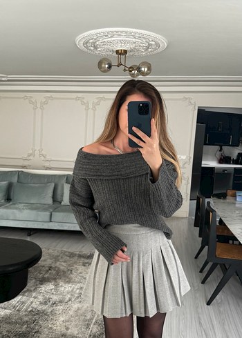 Gri Pilili kaşe Mini Etek - Görsel 3