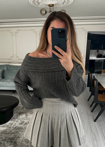 Gri Pilili kaşe Mini Etek - Görsel 2