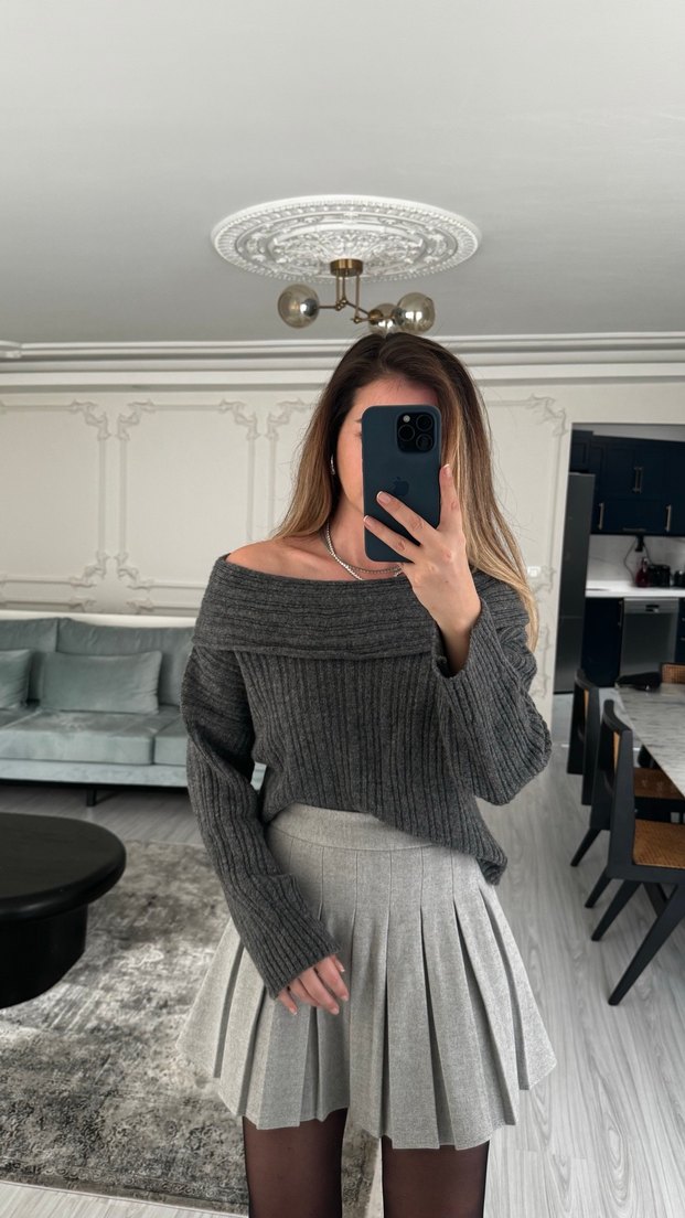 Gri Pilili kaşe Mini Etek - Görsel 4