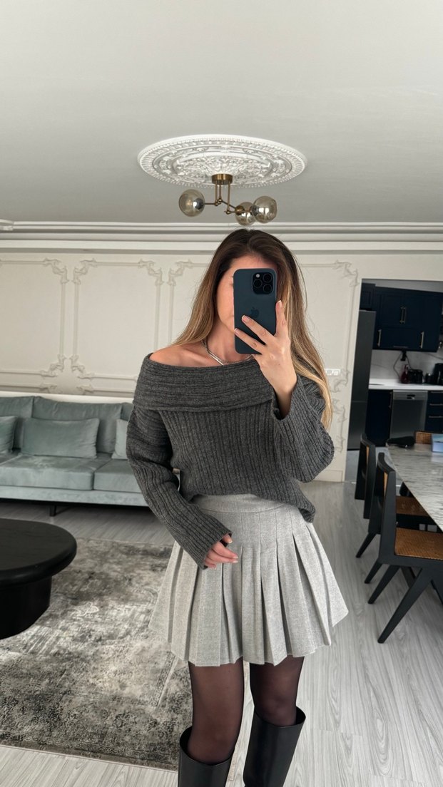 Gri Pilili kaşe Mini Etek - Görsel 3