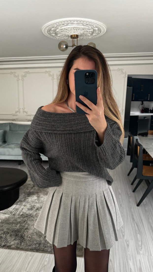 Gri Pilili kaşe Mini Etek - Görsel 2