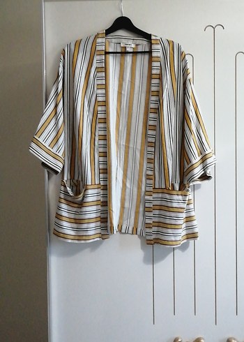 Bej Çizgili Midi Bohem Kimono