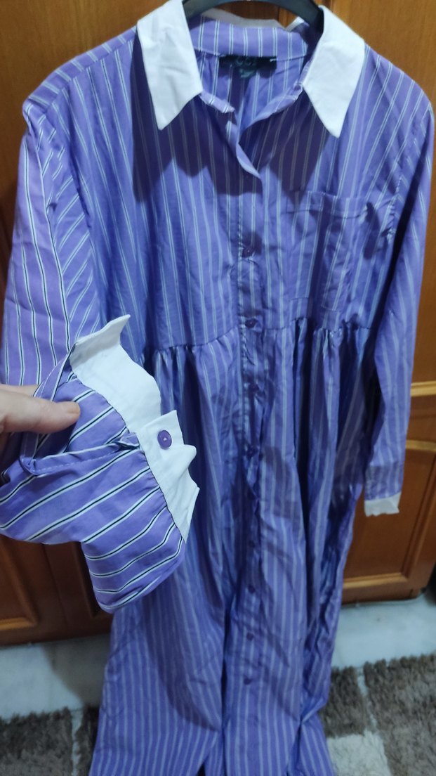 Uzun Kollu, büzgülü Mor Kadın Elbise - Görsel 5