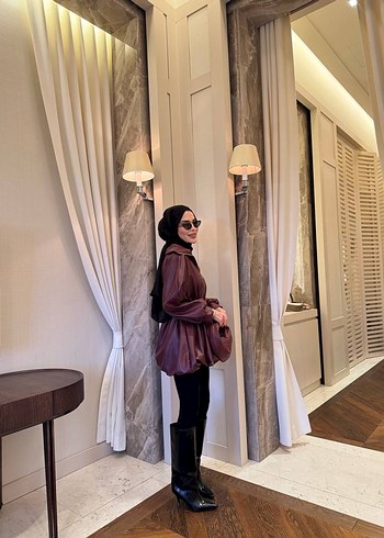 Drapeli Kahverengi Deri Midi Yağmurluk - Görsel 2