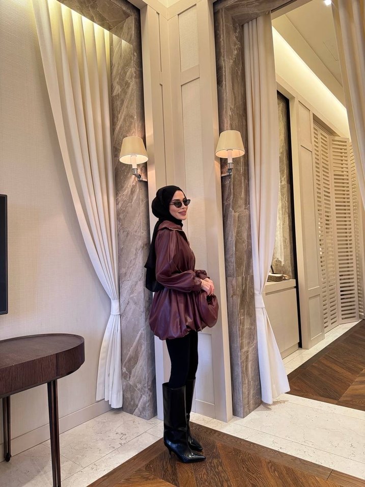 Drapeli Kahverengi Deri Midi Yağmurluk - Görsel 2