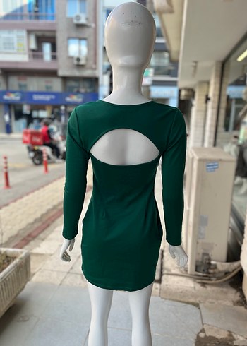 Uzun Kollu, Mini, sırt detaylı Yeşil Elbise