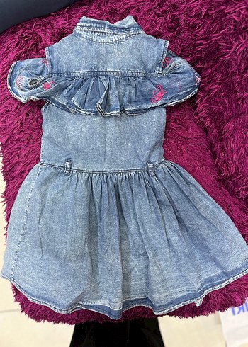 6 Yaş Beden Kız Çocuk Renkli Nakışlı Denim Elbise