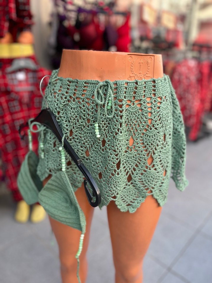 Bohem Yeşil Örgü Mini Etek ve büstiyer - Görsel 2