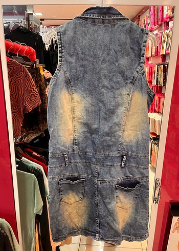 Renkli boncuklu Kolsuz Mini Denim elbise - Görsel 6