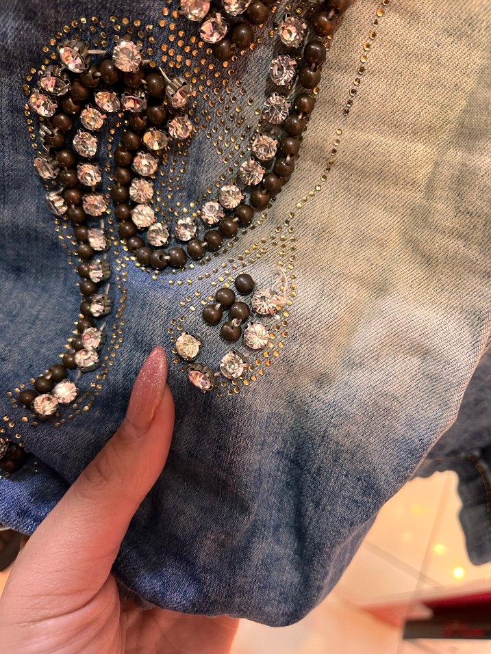 Renkli boncuklu Kolsuz Mini Denim elbise - Görsel 4