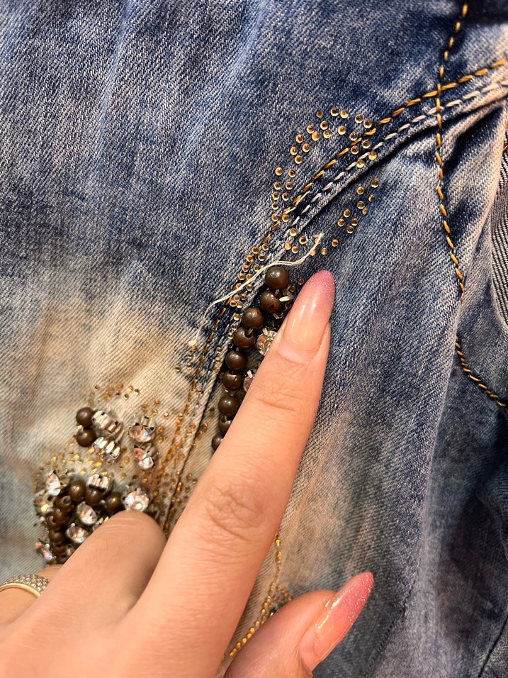 Renkli boncuklu Kolsuz Mini Denim elbise - Görsel 2