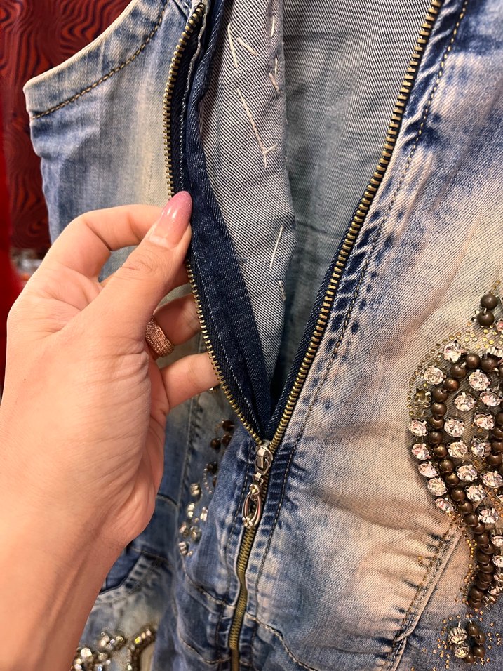 Renkli boncuklu Kolsuz Mini Denim elbise - Görsel 5