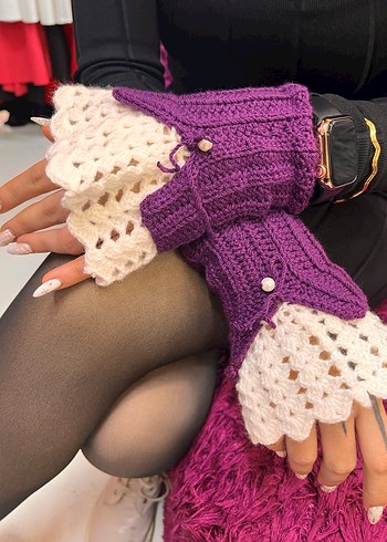 Mor ve Beyaz Örgü Kadın Eldiven - Görsel 3