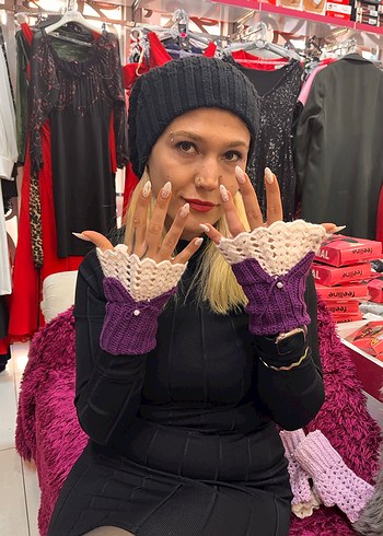 Mor ve Beyaz Örgü Kadın Eldiven - Görsel 5