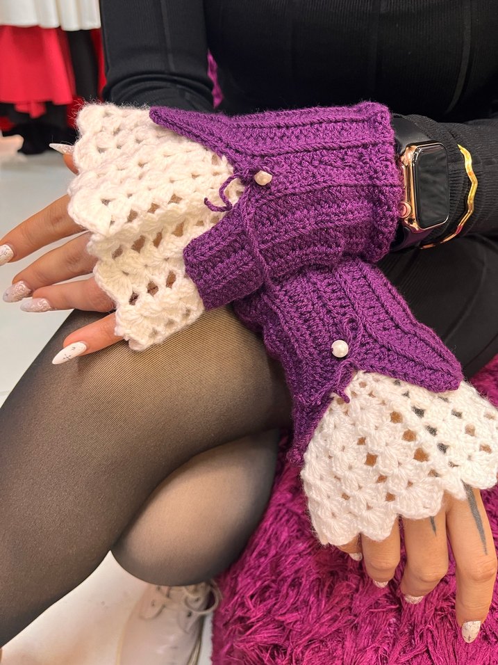 Mor ve Beyaz Örgü Kadın Eldiven - Görsel 3
