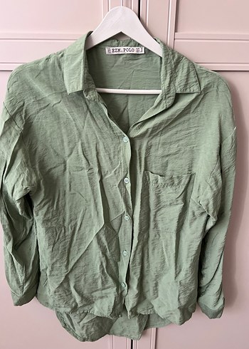 Yeşil Keten Kadın Gömlek Uzun Kollu - Görsel 2