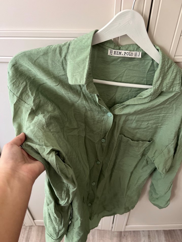 Yeşil Keten Kadın Gömlek Uzun Kollu - Görsel 5