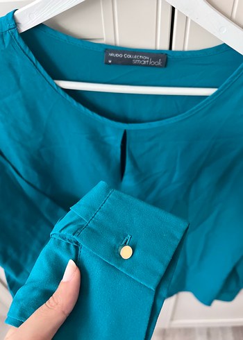 Düğmeli Turkuaz Kadın Uzun Kollu Bluz - Görsel 4