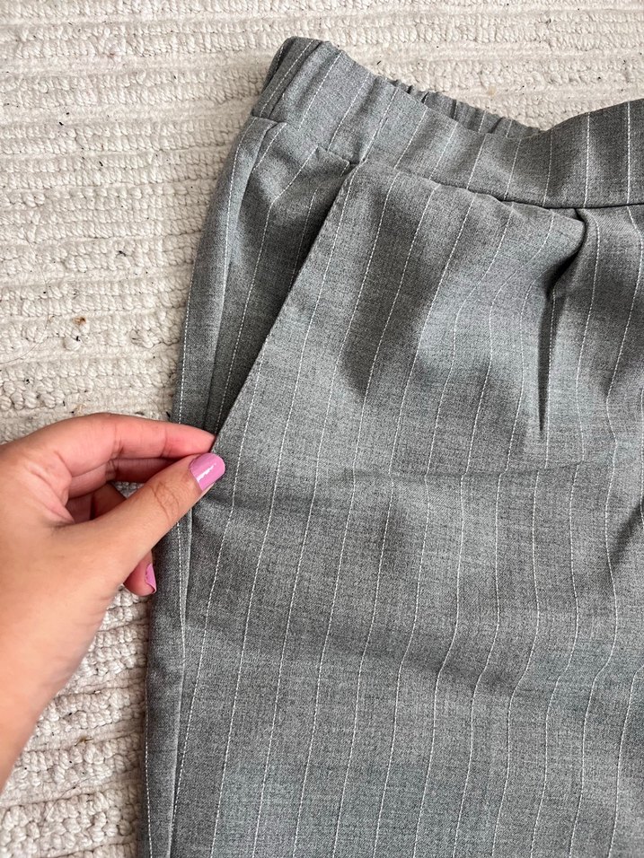 Gri Keten Pilili Kadın Kumaş Pantolon - Görsel 4