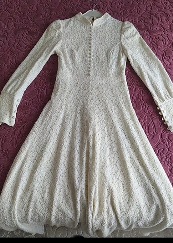 36 Beden beyaz Renk Uzun Kollu Vintage Beyaz Dantel Mini Gelinlik