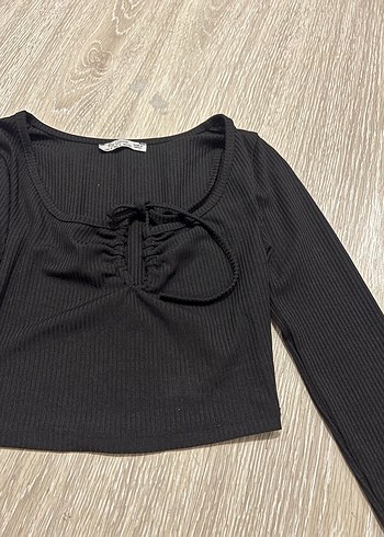 Zara Siyah Fitilli Uzun Kollu Mini Bluz