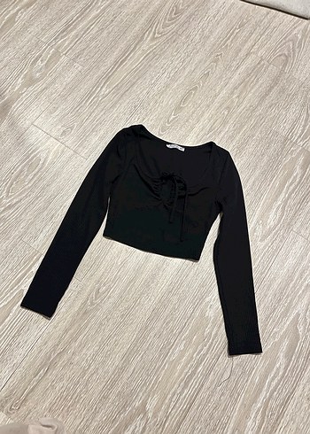 s Beden Siyah Fitilli Uzun Kollu Mini Bluz