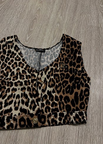 s Beden kahverengi Renk Leopar Desenli Kadın Kolsuz üst