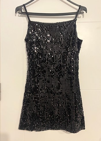 Zara Siyah Payetli Midi Abiye Elbise