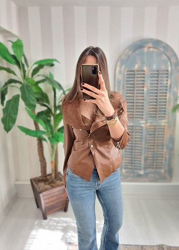 Kahverengi Kürklü Deri Kadın Ceket/Gomlek - Görsel 4