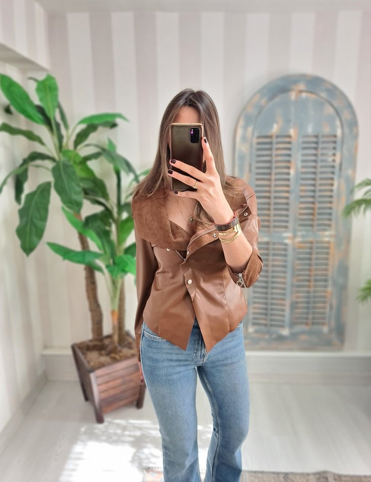 Kahverengi Kürklü Deri Kadın Ceket/Gomlek - Görsel 4