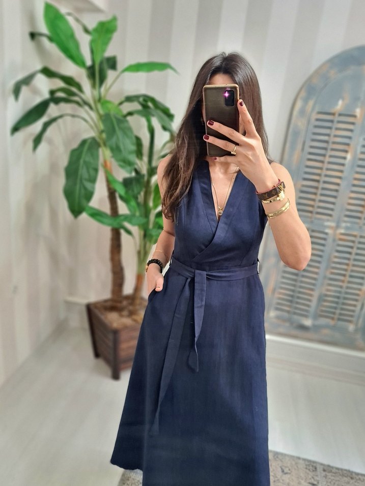 Kemerli Kolsuz Lacivert  Elbise - Görsel 4