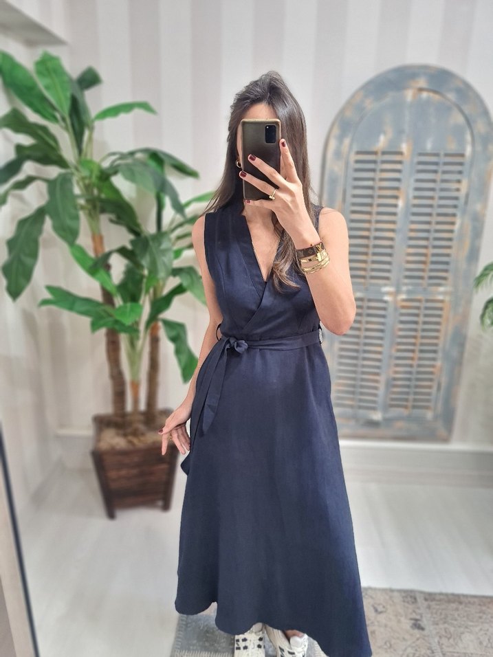 Kemerli Kolsuz Lacivert  Elbise - Görsel 5