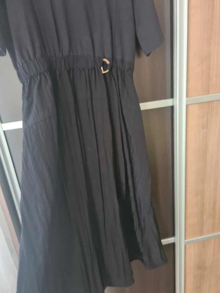 Siyah, Kısa Kollu, Piliseli Uzun Keten Elbise - Görsel 4