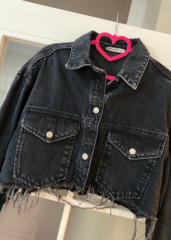 s Beden Gri Crop Denim Ceket, Gevşek Kesim