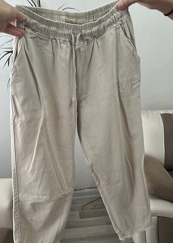 Bej Kadın Keten Rahat Kesim Pantolon