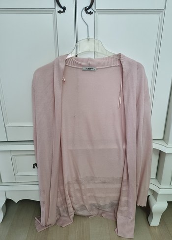 Pembe Midi Kadın Hırka V Yaka Rahat Kesim
